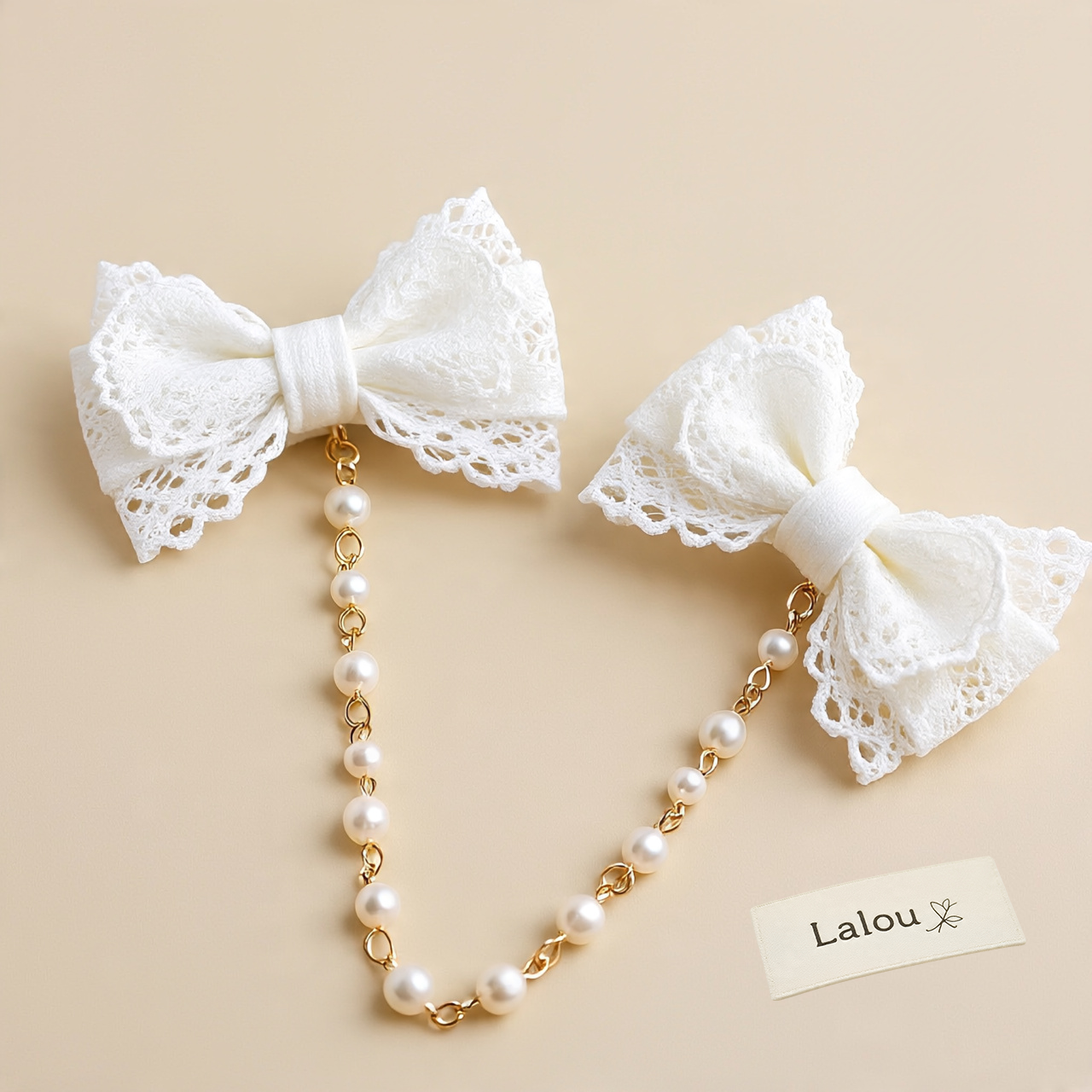 Lace Bow Hair Clips with Pearl Chain