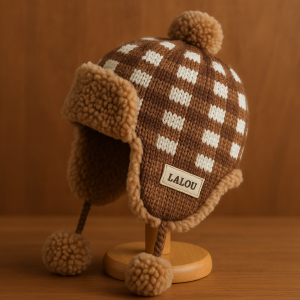 Lalou Checkered Knit Trapper Hat with Faux Fur Trim