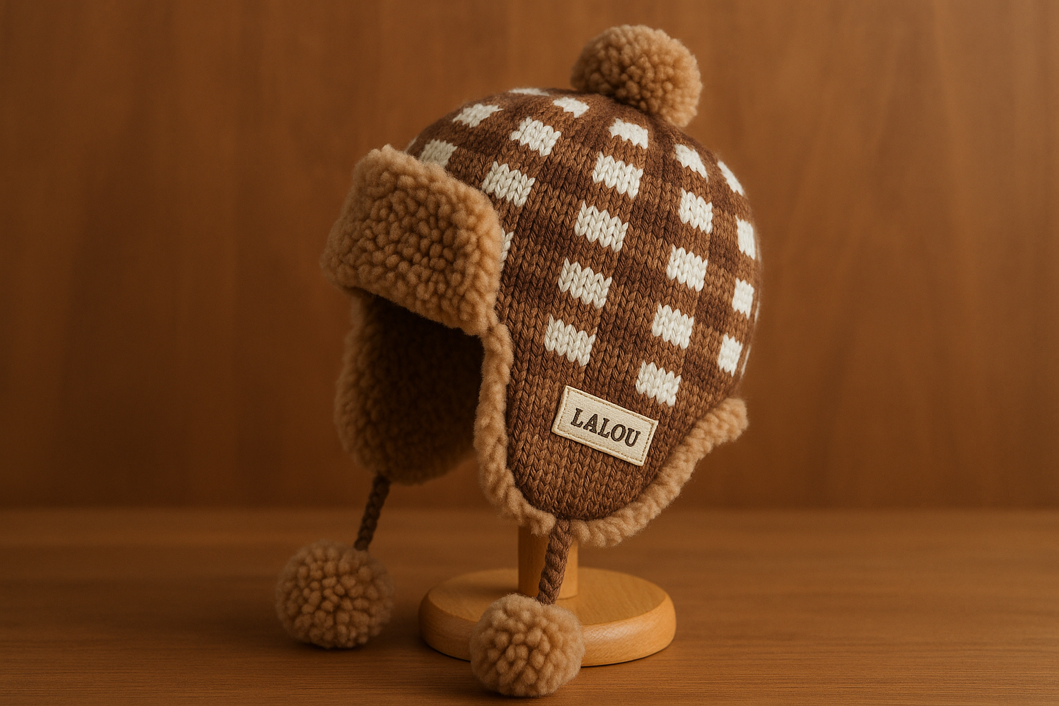 Lalou Checkered Knit Trapper Hat with Faux Fur Trim